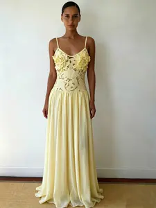 Summer New Women's Lace Strappy Dress, Embroidered Cut-Out Ruffle Chiffon Maxi Skirt, Casual Resort Chic Sexy Lady's Dress