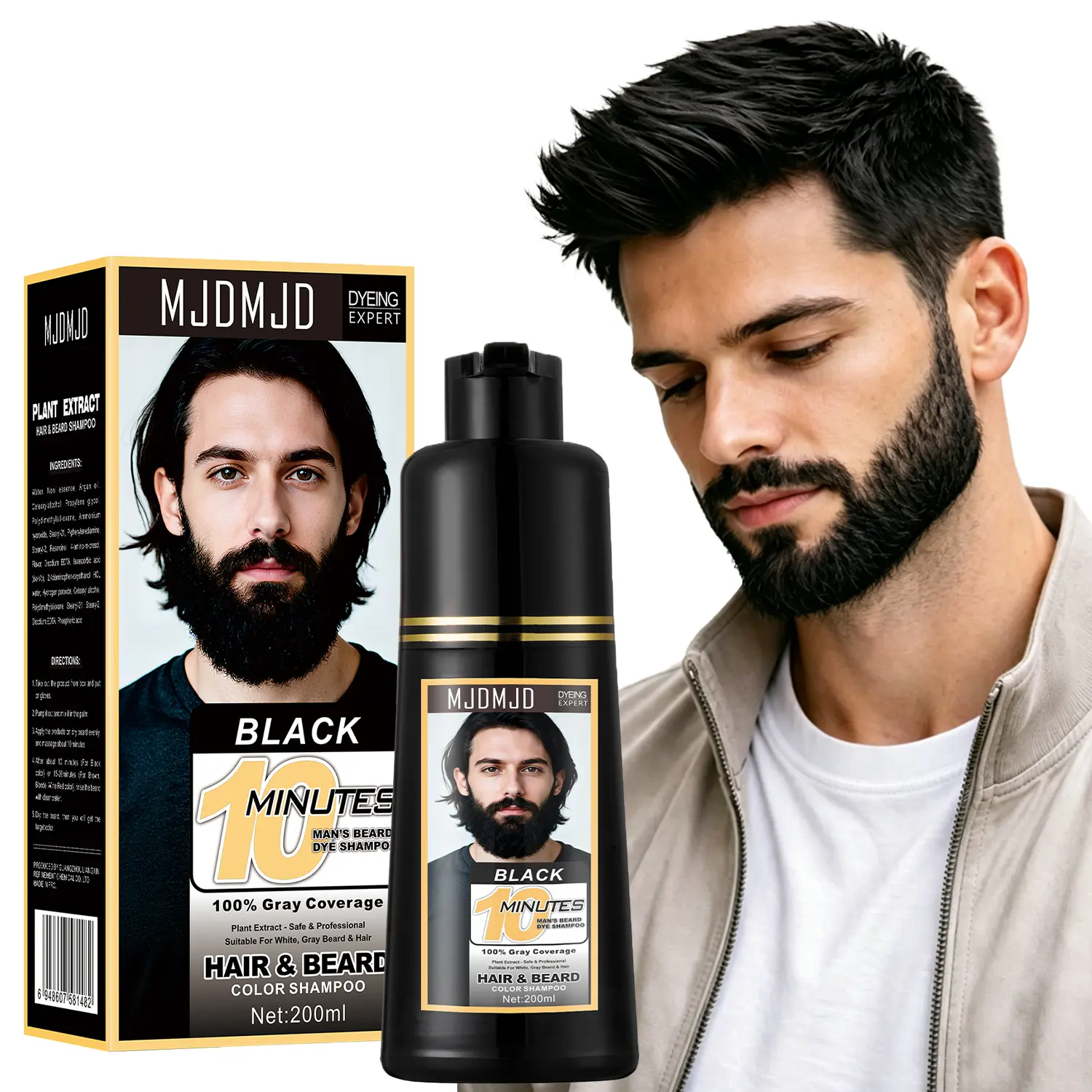 Men's Beard & Mustache Dye Shampoo – 3-in-1 Black Hair & Beard Color for Gray Hair Coverage, Herbal Coloring Formula, Long-Lasting, Easy to Use, 200ML