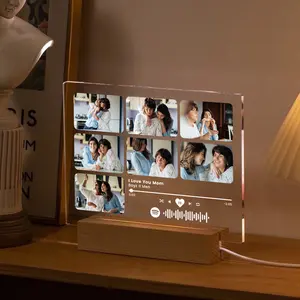 [Mother's Day Gift] Personalized Photo Gift for Mom, Custom Bedroom LED Night Light with Photos and Name Options, Custom Photo Frame with Names, Beech Wood LED Night Light - Custom Photo Gift - Adjustable Brightness Levels