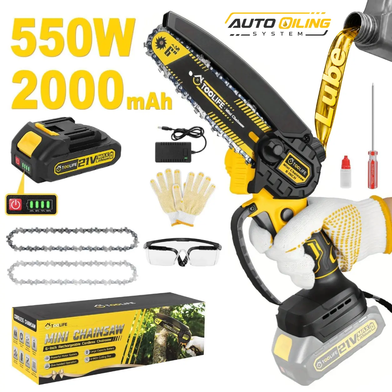 TOOLIFE 6 Inch Mini Chainsaw, New for 2026, Cordless Battery Powered, Hand Held Saw for Wood/Trees Trimming, Sawzall for Household and Garden