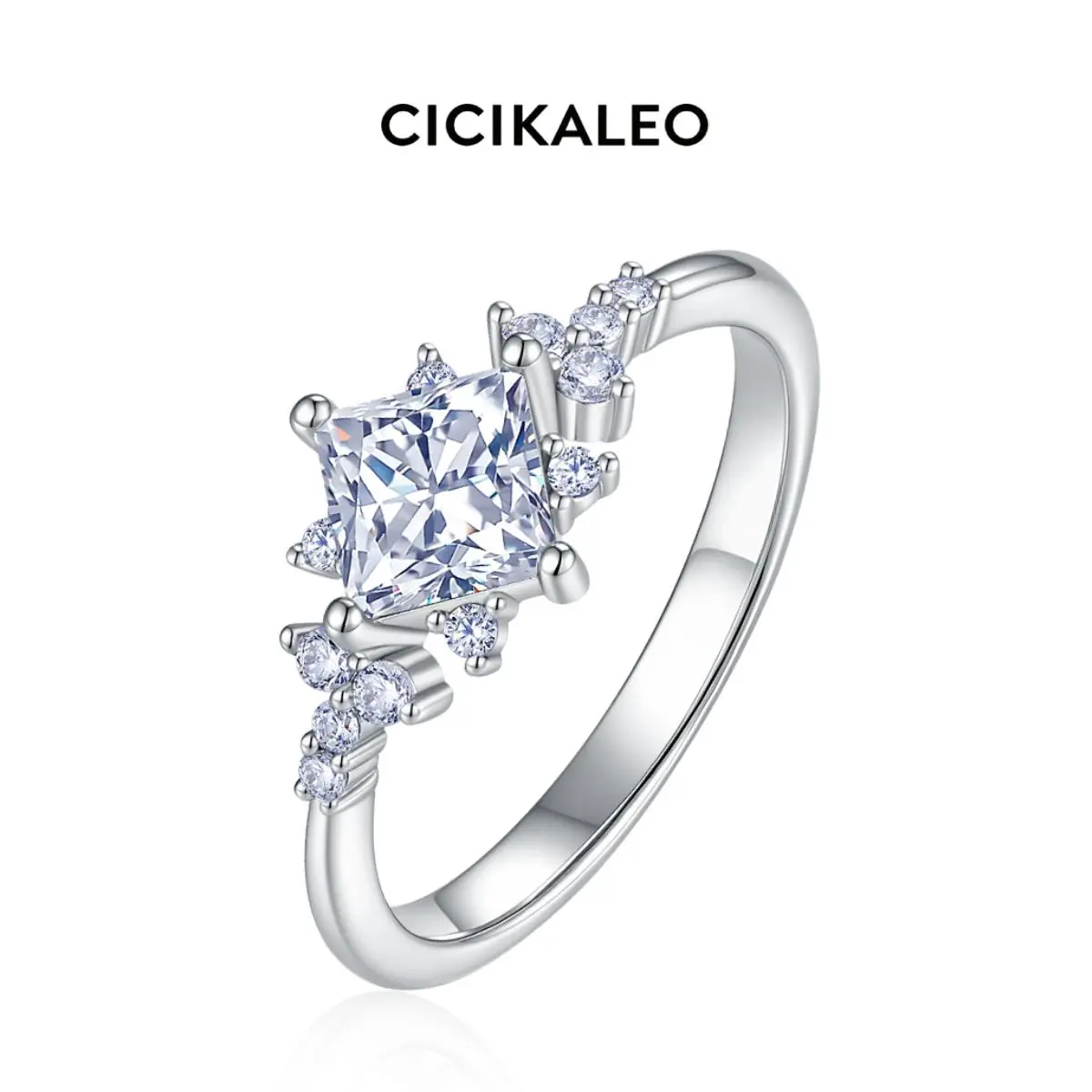 CICIKALEO 5mm Princess Cut Moissanite Rings for Women 18K White Gold Plated Lab-Created Engagement Wedding Gift for Her #Summervibes