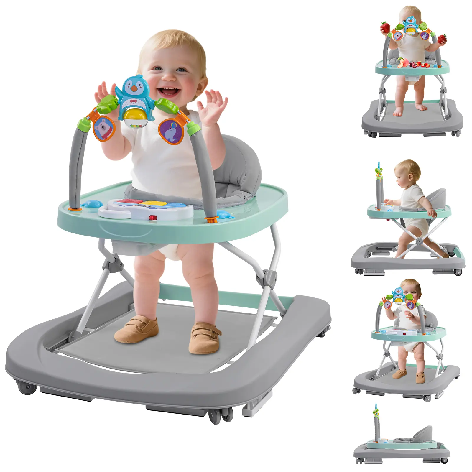 5-in-1 Baby Walkers, Foldable Baby Walker with Wheels, Height Adjustable Walker for Baby and Baby Activity Center with Music &Toys Tray, Infant Toddler Baby Walker for Boys and Girls 6-24 Months