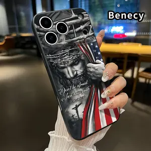 Straight Edge Phone Case for iPhone 17 15 16 14 Pro Max 13 12 11 XR XS Plus Air E Faithful Patriot Jesus Pattern Pocket-Friendly Shockproof Liquid Silicone Protective Soft Smartphone Casing