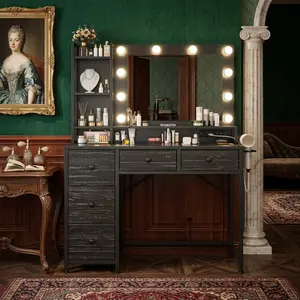 37 Inch LED Lighted Makeup Vanity Desk With Mirror,3 Adjustable Lighting Modes Dressing Table With Power Outlet,5 Fabric Drawers Storage Cosmetic Vanity Table For Bedroom Home Decor