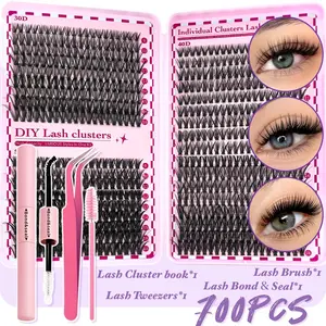 DIY Eyelash Lash Clusters Extension Kit3040506080100D-600-700-800pcs, Black Cosmetics Cluster Eyelashes - D Cluster Reusable Eyelashes Natural Look, Glue Hold Bond & Tweezer Tool for Self Applicator at Home