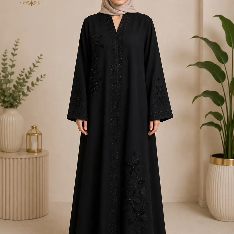 Women's Black Abaya with Exquisite Embroidery and Stone Detailing