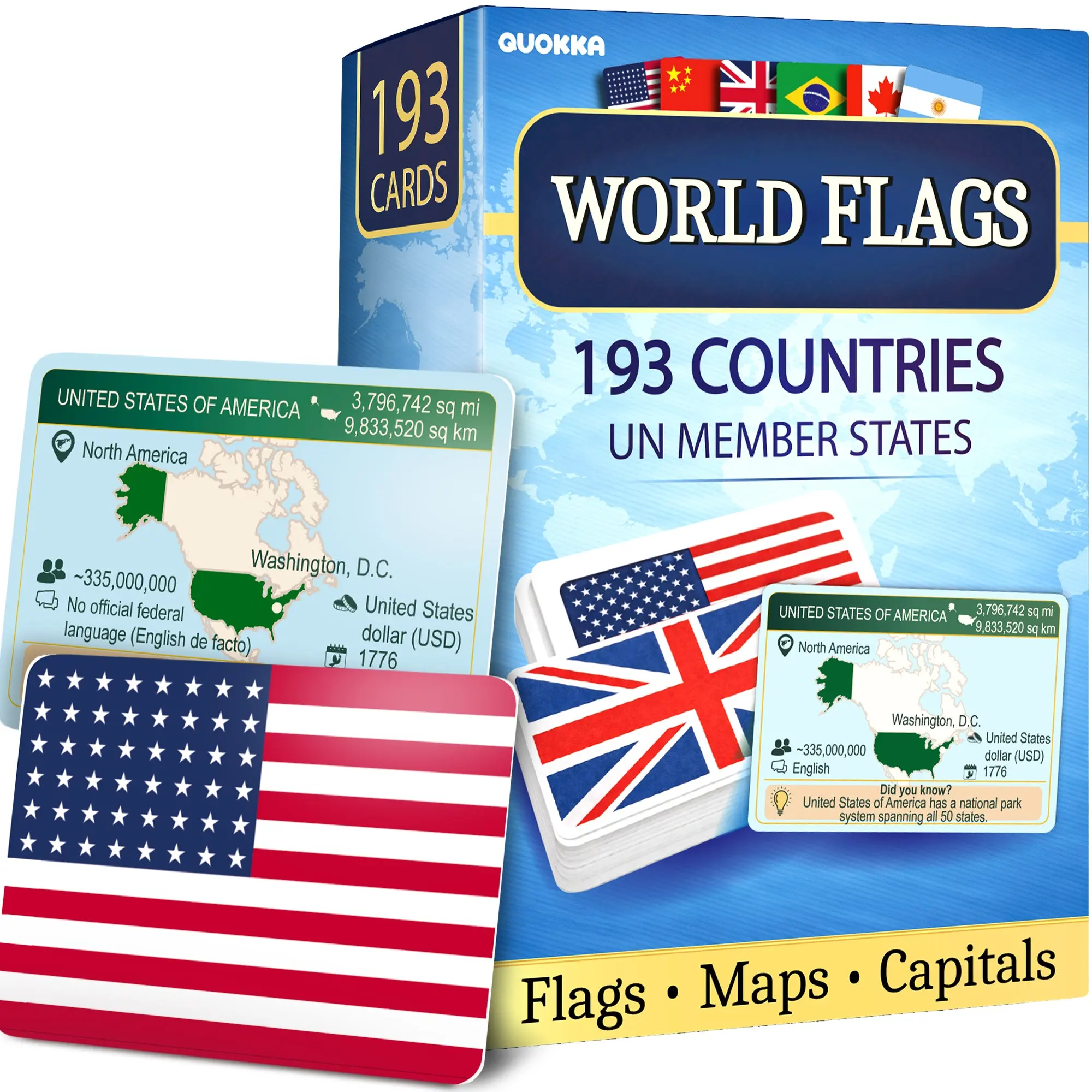 QUOKKA World Flags Flash Cards – 193 Country Geography Trivia Cards for Kids, Teens, Adults & Families – Learn Flags, Maps, Capitals