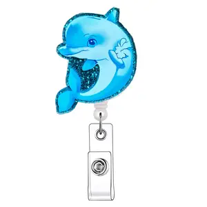 Cartoon Dolphin Design Badge Holder, Premium Decorative Badge, 1 Count Retractable Badge Reel, Acrylic ID Holder with Clip for Nurse Doctor Student Office Staff, Badge Decoration