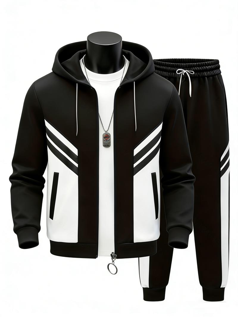 2026 New Men's Hooded Cardigan Two-Piece Set, Black and White Color-Block Striped Set, Zipper Hoodie Top + Jogger Pants, Trendy Patchwork Design, Perfect for Daily Wear, Casual Outings, and Commuting