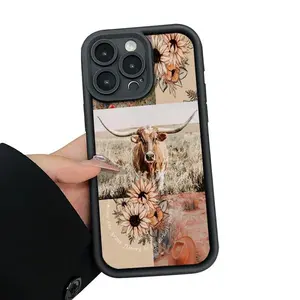 Rugged Soft Silicone Smartphone Cellphone Case, Longhorn & Cacti Design, Shockproof Anti-Scratch Protector Cover Accessories for iPhone 11/12/13/14/15/16/17 Pro, ProMax, Plus, Air