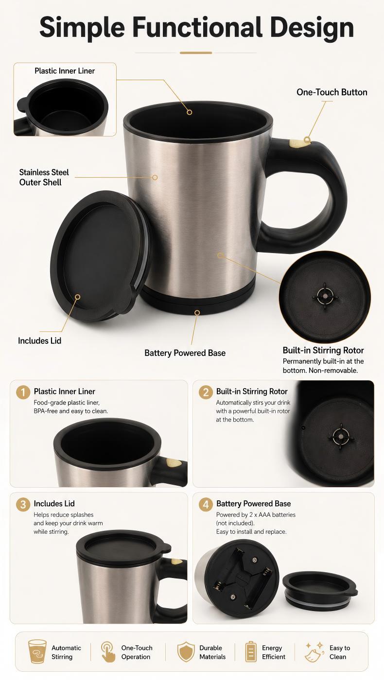 Battery-Powered Self-Stirring Mug, Automatic Mixing Cup for Coffee, Cocoa & Milk, 1Hz Gentle Mixing Drinkware for Office Use, Reusable Kitchenware, Reuse