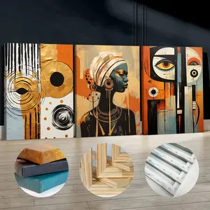 3Pcs Wooden Framed Canvas Painting, African Woman Abstract Geometric Shapes Gold Orange, Exquisite Poster, Home Decoration, Pattern Wall Art Decor, For Living Room, Bedroom, Office, Restaurant, Bar Wall Decor, Odorless, Painting, Print Artwork