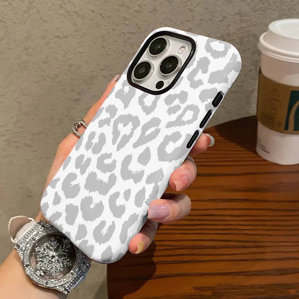 Glossy Light Leopard Print & Gray Plastic 2-in-1 Double Layer Protective Phone Case, Multi-Model Casing for iPhone 16 Pro Max,15P,13,11,12,XS,8 PLUS,7 - Mobile Phone Accessories, Animal Print