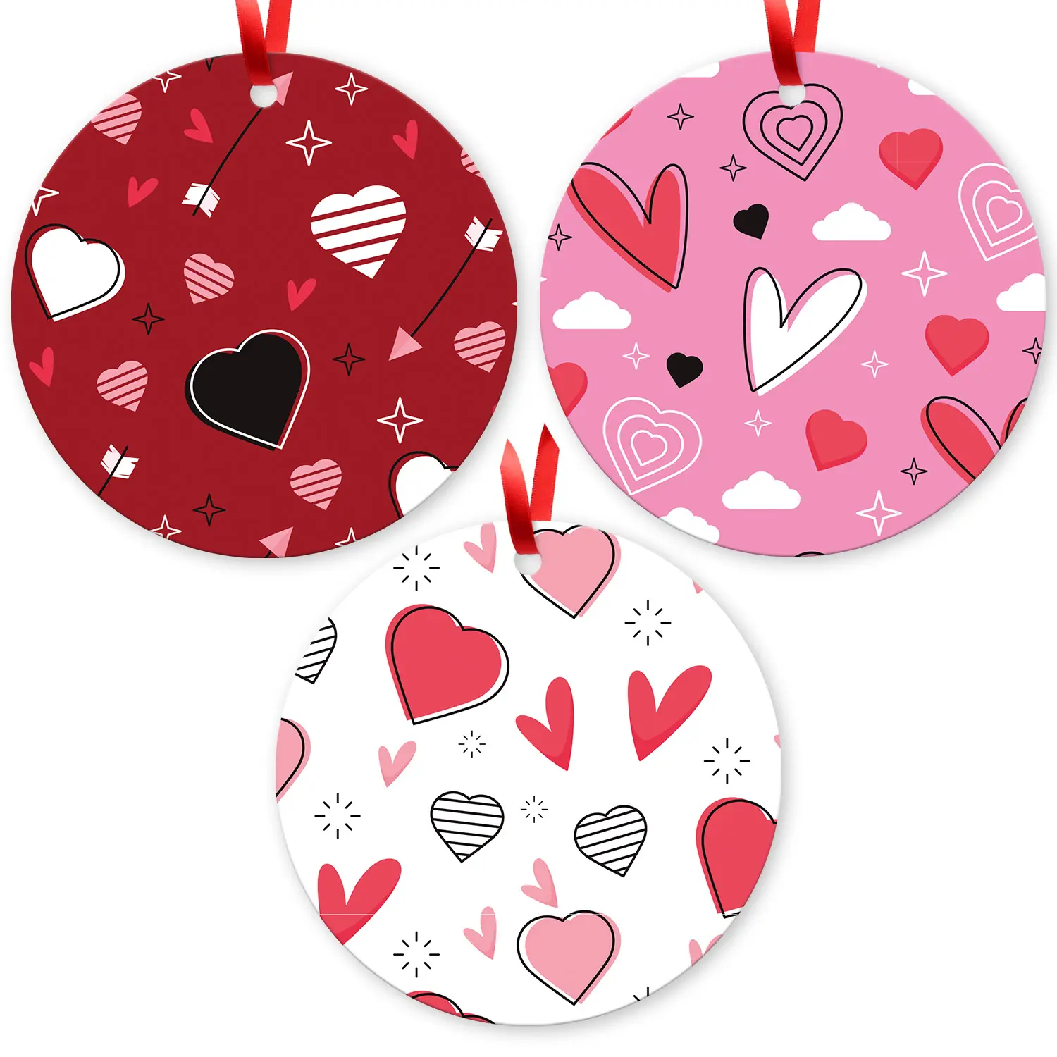 Soul Décor Valentine’s Day Home Decorations - Set of 3 Large Pink & Red Heart-Shaped Ornaments with Red Satin Ribbon (3.75”)
