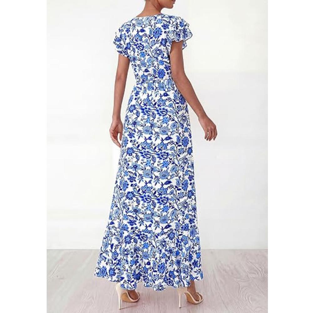 PRETTYGARDEN Floral Dress for Women Summer Boho Ruffle Flowy Cocktail Beach Spring Wedding Guest Maxi Long Dresses