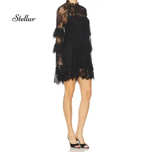 Women Lace Dress, Long Sleeve Crew Neck Sheer Dress Cocktail Dress Fall Mini Dress