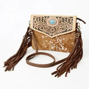 American Darling Western Envelope Bag, Hand Tooled Floral Leather & Hair-On Cowhide Crossbody with Fringes, 8in (H) X 11in (W)
