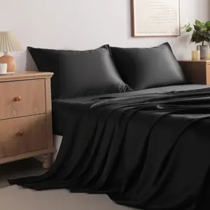 Satin Bed Sheet Set, Luxury and Silky Solid Color Sheet and Pillowcase Set, Flat Sheet, Pillowcases, Fitted Sheet with Deep Pocket, Black