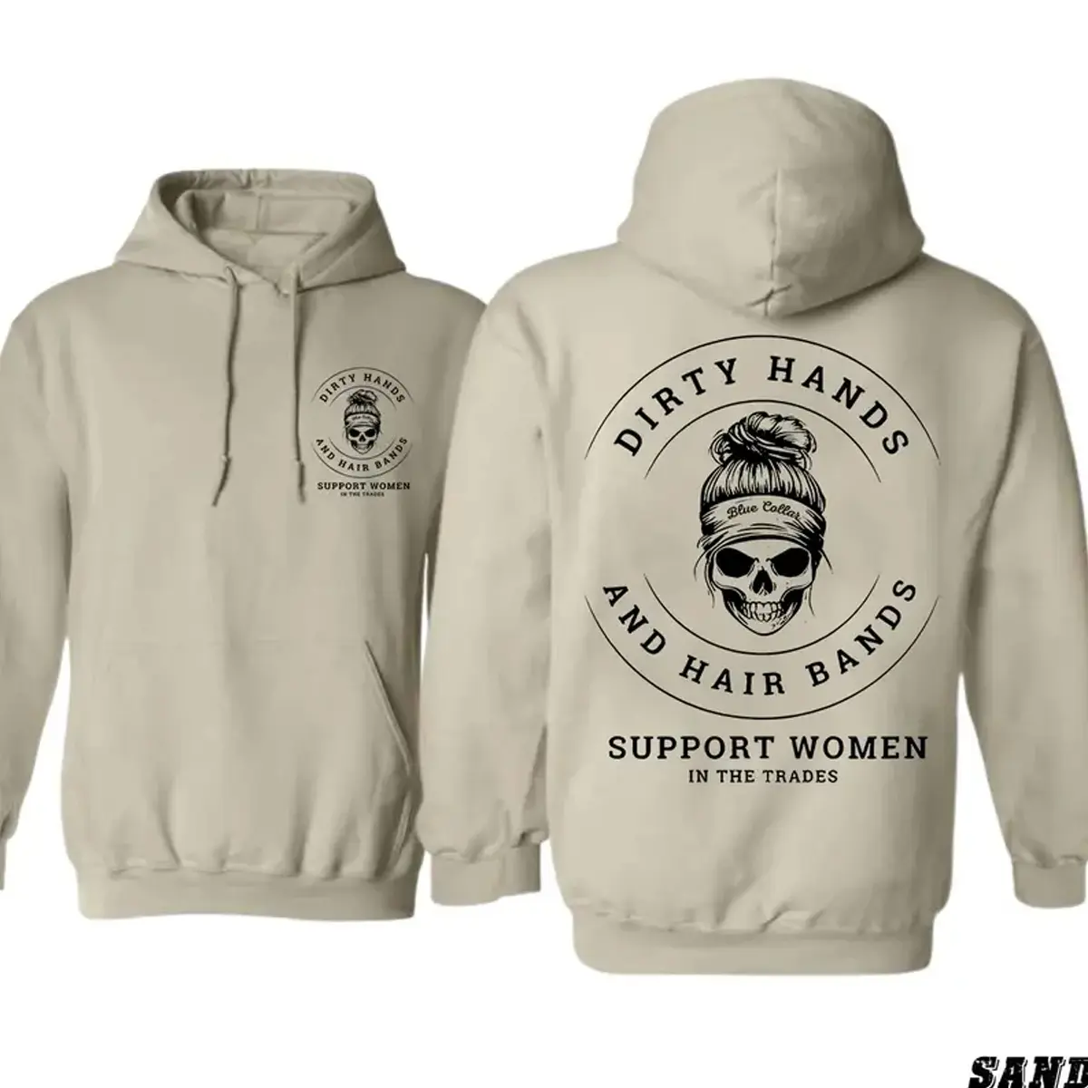 Men's Graphic Skull Print Hoodie - Dirty Hands & Hair Bands Design, Blue Collar Theme, Stretchy Spandex-Cotton Fabric, Casual Sweatshirt Supporting Women in Trades