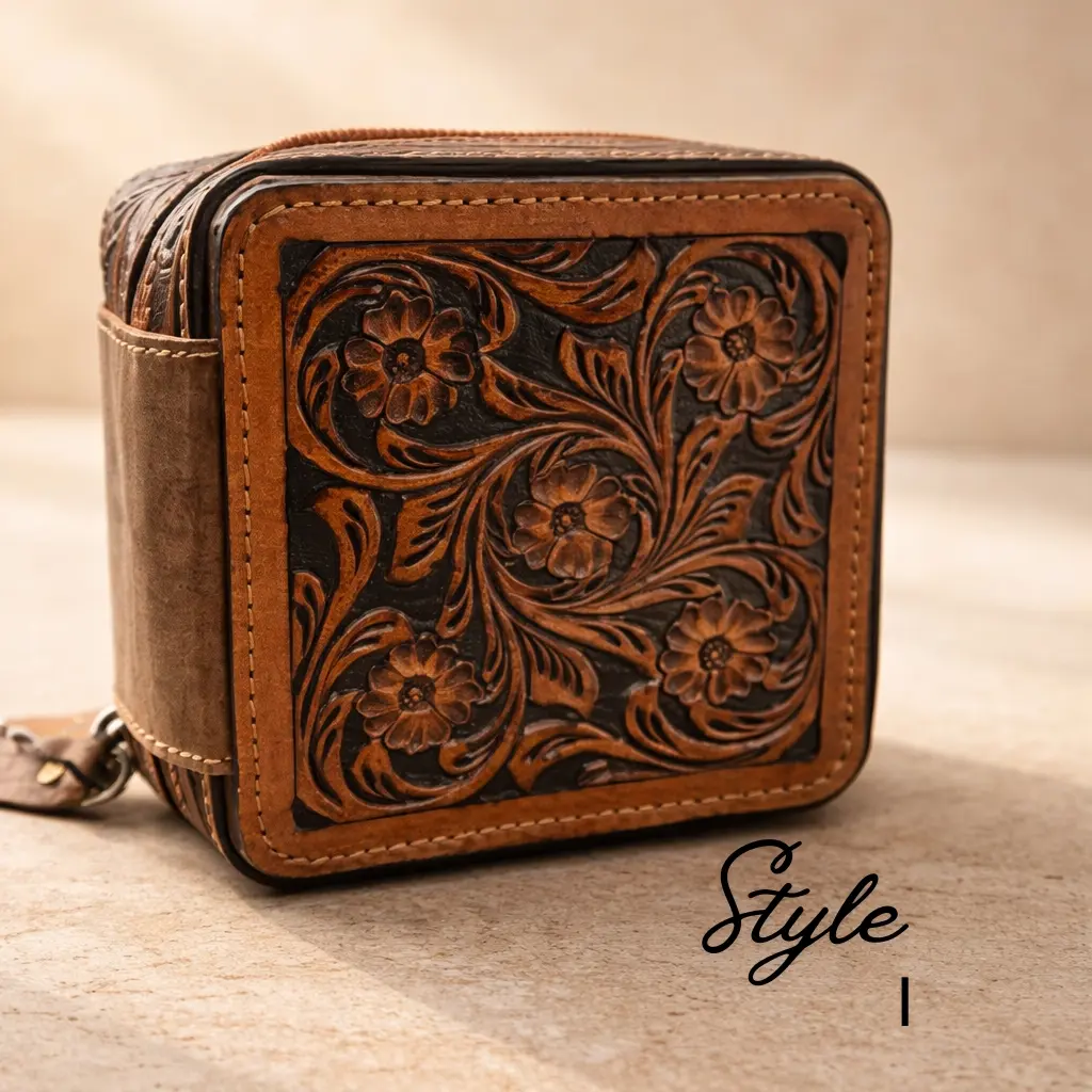 Classic Square Leather Ranch Vanity Jewellery Box - 5x5x5 in Hand-Tooled Floral Western Art Home Organizer for Modern Woman, Curve Interior, Removable Compartmentalized Trays, Stackable Zipper-Close Storage Container for Rings