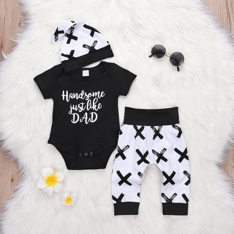 3Pcs Newborn Infant Baby Boy Clothes Bodysuit Short Sleeve Romper +Long Pants+ Beanie Hat Set
