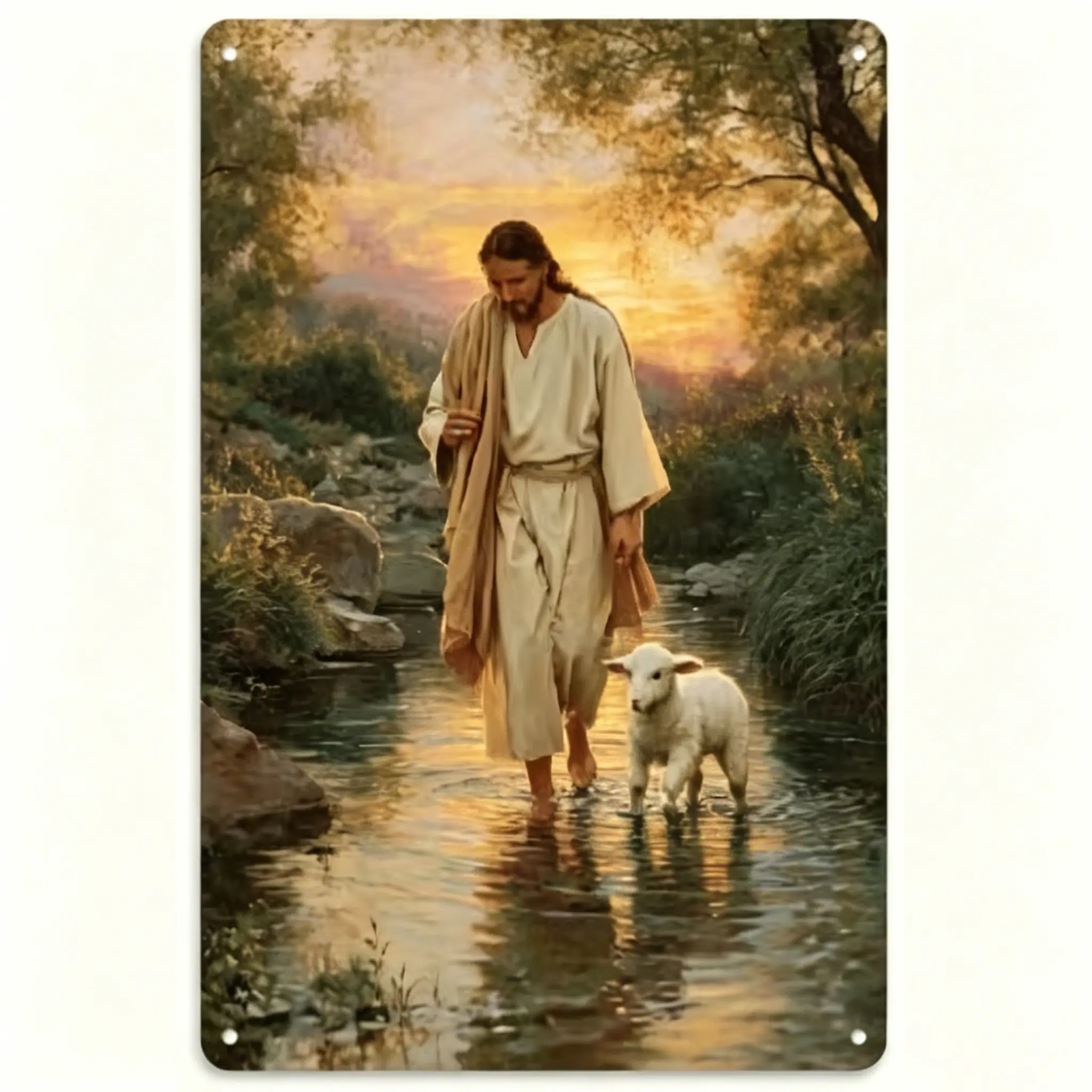 Retro Jesus The Good Shepherd & Little Lamb Creek Sunset Iron Wall Sign - Aged Rust Edge Inspirational Christian Vintage Tin Plaque, Religious Items Peaceful Biblical Faith Wall Decor Gift For Baptism Christmas