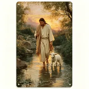 Retro Jesus The Good Shepherd & Little Lamb Creek Sunset Iron Wall Sign - Aged Rust Edge Inspirational Christian Vintage Tin Plaque, Religious Items Peaceful Biblical Faith Wall Decor Gift For Baptism Christmas