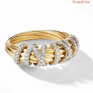Bohemian Interlocking Band Ring Golden Twisted Rope Design Sparkling Rhinestone Accents Durable Statement Jewelry For Women Daily And Special Occasions