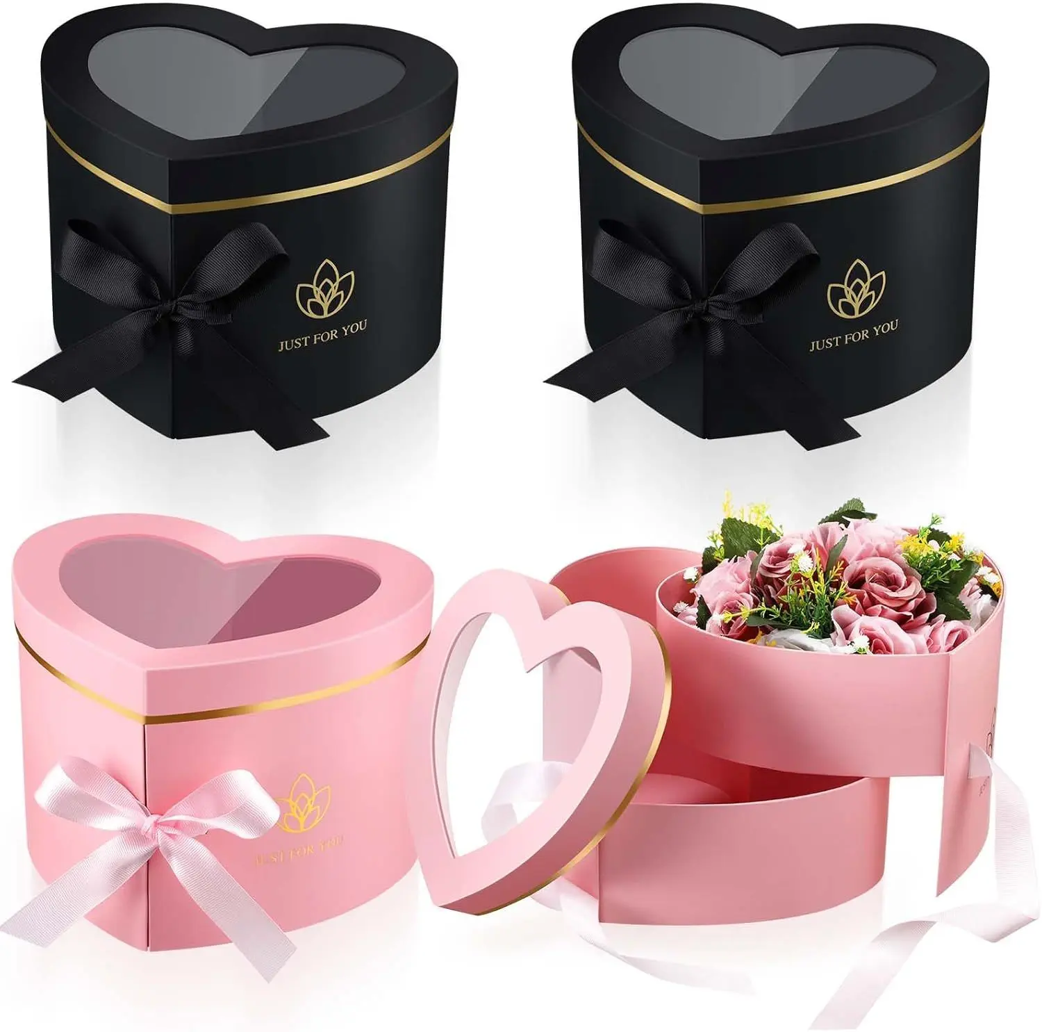Gueevin 4 Pcs Heart Shaped Boxes for Flowers Floral Boxes with Lids Valentine Gifts Mother's Day Paper Double Layer Rotating Packaging for Luxury