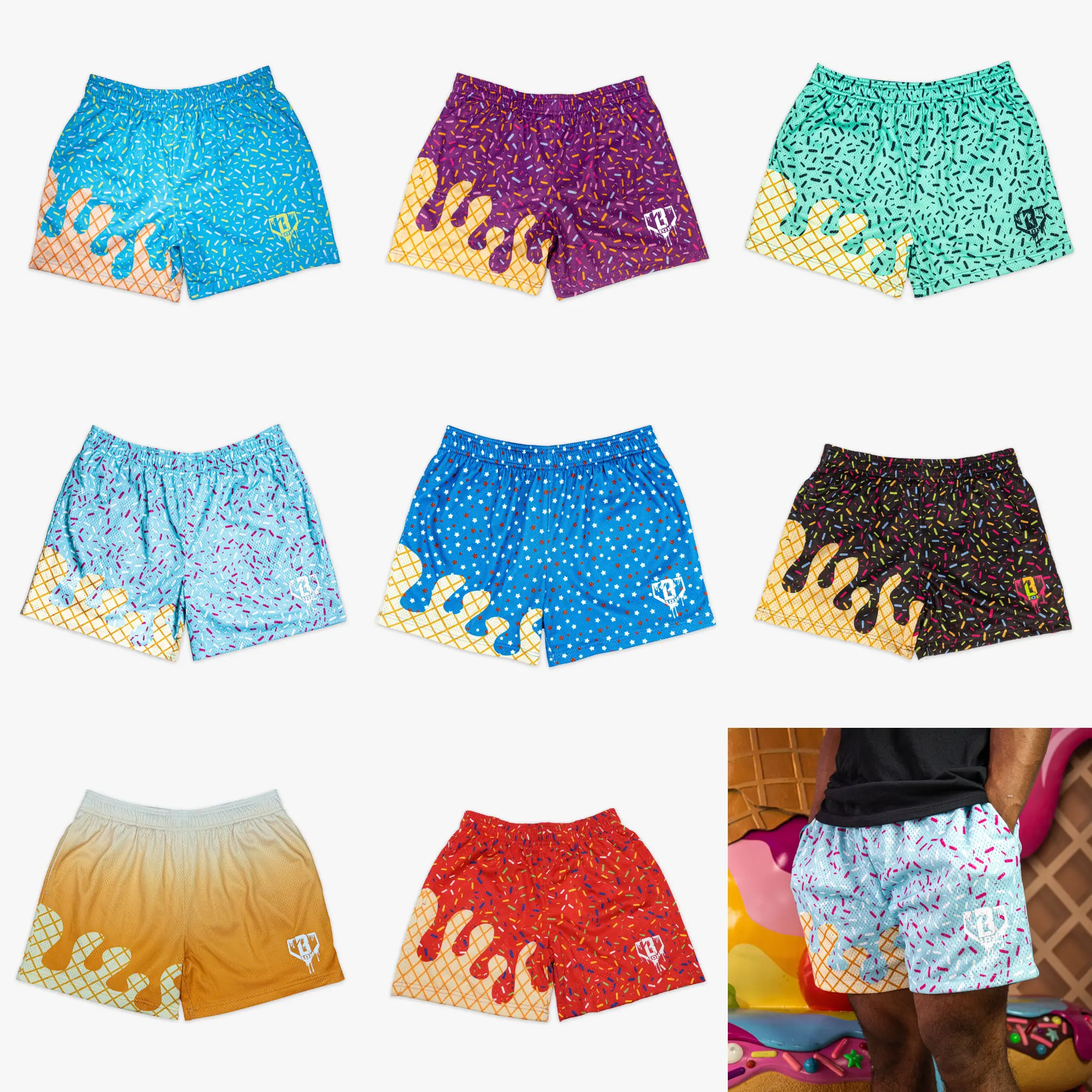 Men's Premium Mesh Gym Shorts – Fun Ice Cream Melting Cone & Sprinkles Graphic Athletic Shorts