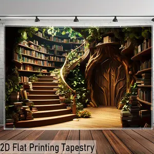 1pc - Extra Large Size - Wonderful Book House Landscape Photo Giant Digital Print Tapestry, Polyester Aesthetic Printed Hanging Cloth, Living Room Bedroom Office Home Room Party Decoration, Wall Decoration, No Installation