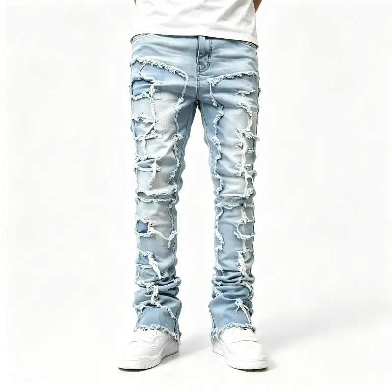 Men's American High-Street Cotton Denim Jeans, Slim Fit Menswear with Layered Frayed Ripped Details, Hip-Hop Stacked Micro Flare Slimming Streetwear Long Pants, Natural, Trouser, Hem, Classic, Stretch sohochic, Clothes Light Blue Big
