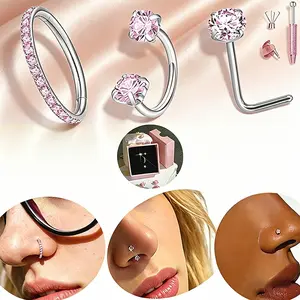 3PCS 18G 8mm Luxury Pink Nose Rings for Women,Sparkling Zircon Nose Ring Set Hinge Nose Hoop & Horseshoe Nose Rings with Gem Picker,Perfect Daily Nose Piercing Jewelry Kit