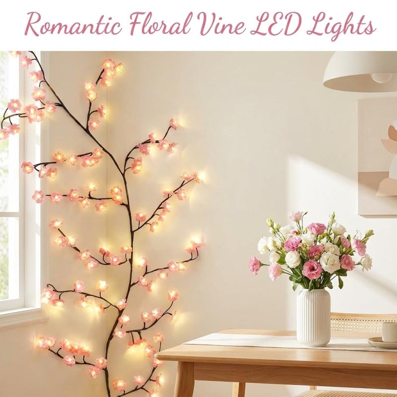 LED Cherry Blossom Tree Branch Mood Lighting - 7.55FT 144LEDs Willow Vine Garland, 1.2m 48leds, 1.6m USB Cable, Timers, Color Changing, 8 Lighting Modes, Remote, Bedroom Indoor Wall Decor for Wedding, Christmas