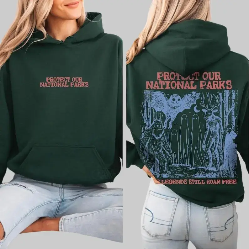 Vintage Cryptid National Parks Hoodie, Protect Our Parks Graphic Sweatshirt, Retro 90s Camping & Hiking Hoodie, Fantasy Creatures Outdoor Apparel, Wanderlust Nature Hoodie, Soft Fleece Unisex Pullover