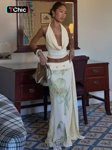 Two-Piece Set, Slim, Women's Plain Cowl Neck Halter Tank Top & Contrast Mesh Floral Print Side Split Long Skirt, Ladies Summer Party Club Date Holiday Casual Outfit