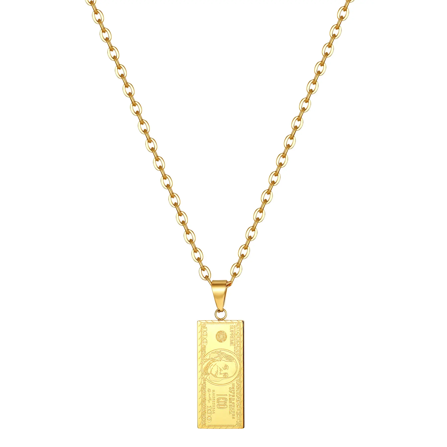 OIDEA Men's Stainless Steel Jewelry, Male Punk and Streetwear Necklace with Gold Tone Currency Tag, 21.65" Chain, Great Gift for Him, Dollar Bill, 1.61" X 0.51", Chains Necklace, Casual Trendy Jewelry, Decorative Necklace