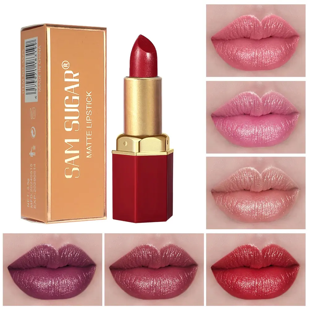 Sam Sugar Single Pack 6 Color Glitter Lipstick, Long-Lasting Matte Finish, Moisturizing Hexagonal Lipstick, Easy Application Makeup, Cosmetic