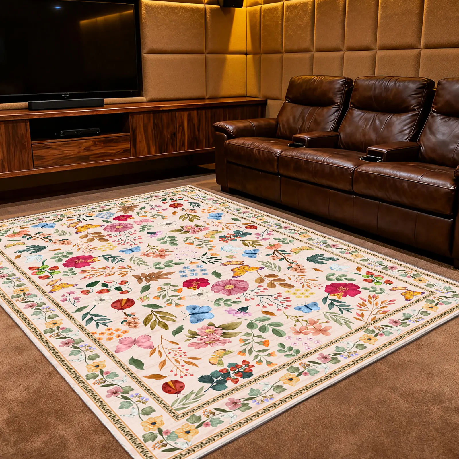 PLUMLIK Warm Vintage Retro Hand Crochet Oushak Polyester Fiber Area Rug - Soft Low-Pile, Wrinkle-Resistant, Non-Slip, Machine Washable, Durable, Colorful Floral Print for Family Living Room - 5x7ft(150x210cm/60x84 inch), 6x9ft Home Decor Gift