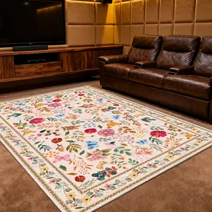 PLUMLIK Vintage Boho Style Rug, oushak area rugs, Soft Woven Texture Colorful Floral Print Carpet, Soft Low Pile, Non Slip, Washable Durable, Indoor/Outdoor for Living Room, Bedroom, Entryway, Patio, Dining Room, Balcony, Home Decor, Gift For Mother's Day