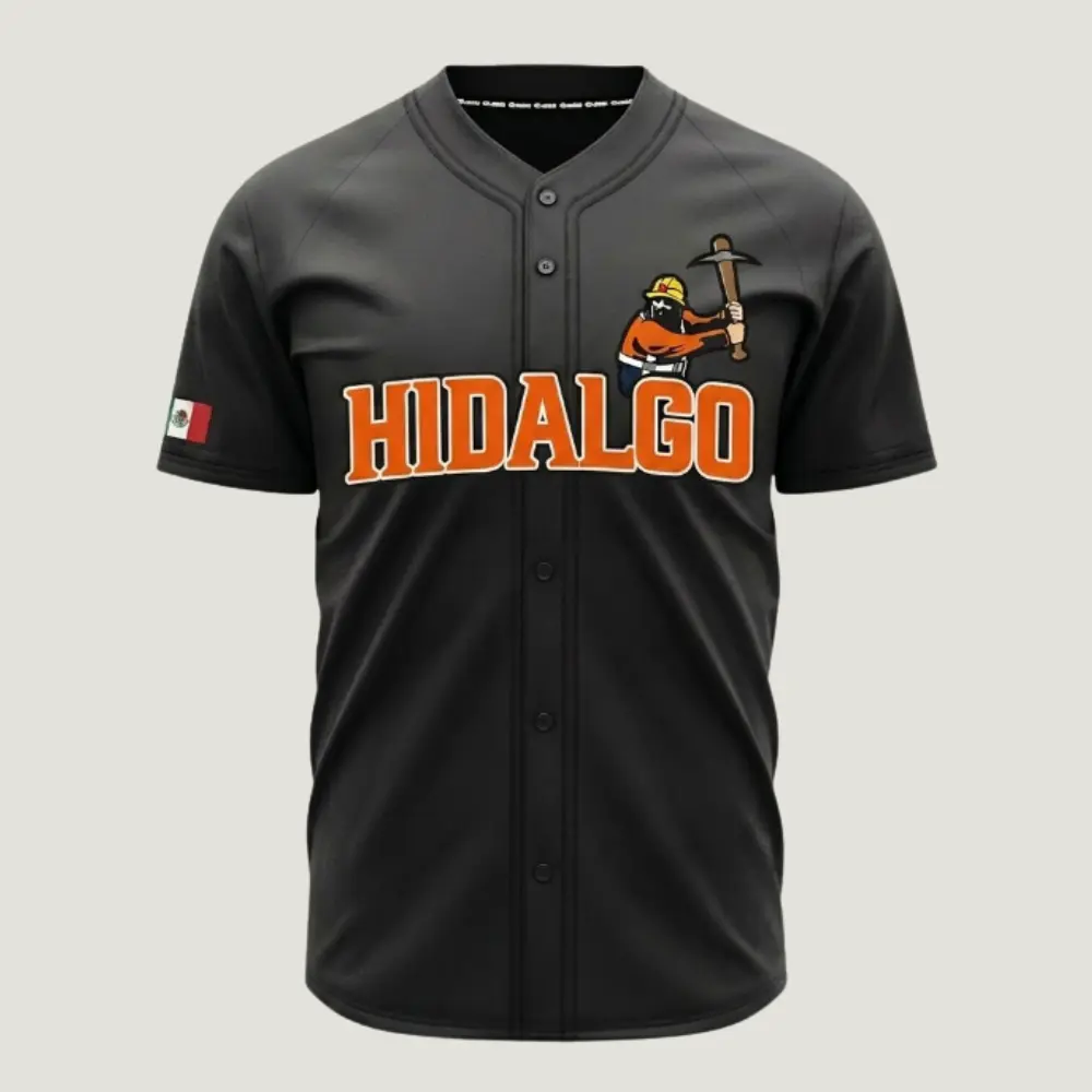 Mineros De Hidalgo Baseball Jersey, Mexican Inspired Button Up Baseball Shirt, Black Short Sleeve Sports Jersey with Batting Mascot Graphic, Vintage Fan Apparel, Gift for Baseball Lovers
