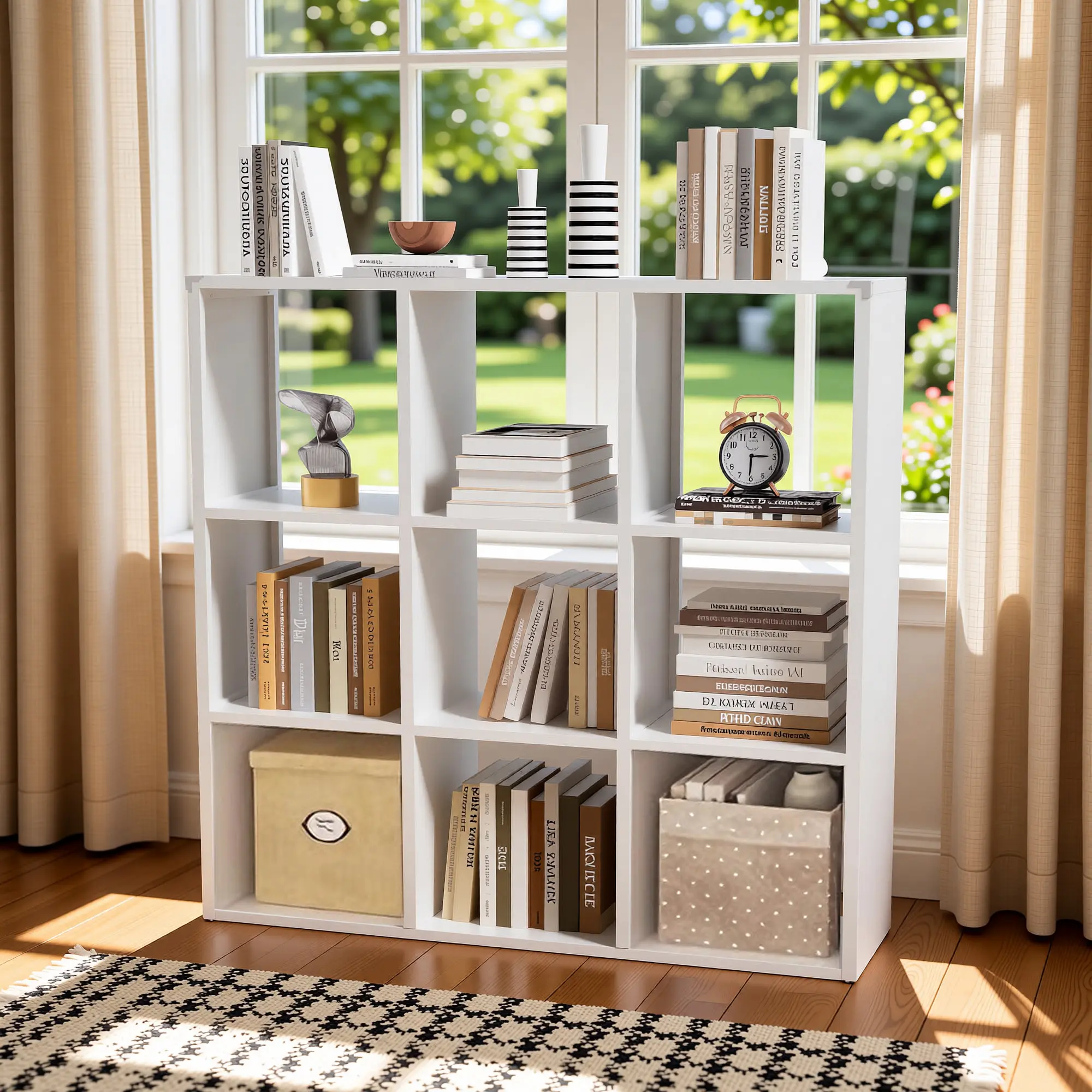 【Summer Sale】 small    furniture  9 -Cube Metal Storage Organizer Shelf - Modern White Heavy-Duty Freestanding Cube Grid Storage Shelves with Anti-Tip Kit for Home Office, Living Room  space