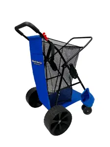 EasyGo Beach Cart–Heavy Duty Folding Design–Large Wheels for Sand–Holds 4 Beach Chairs–Storage Pouch–Beach Umbrella Holder–Blue Stripes