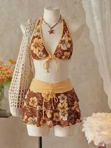 Swim Vcay Floral Halter Bikini 3 Piece Set for Women, Skirt Cover Up Swimwear, Summer Beach Vacation Festival Outfit