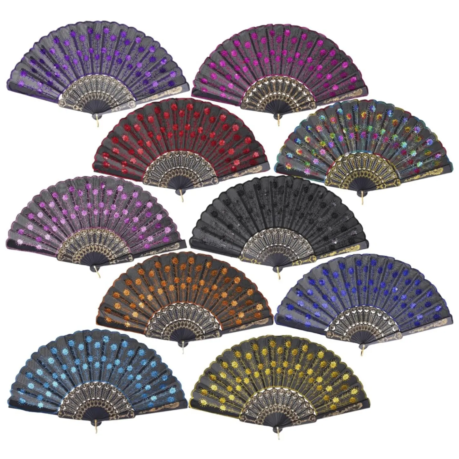 10 Pack Fabric Folding Handheld Fans, Perfect for Weddings, Parties, and Dancing, Mixed
