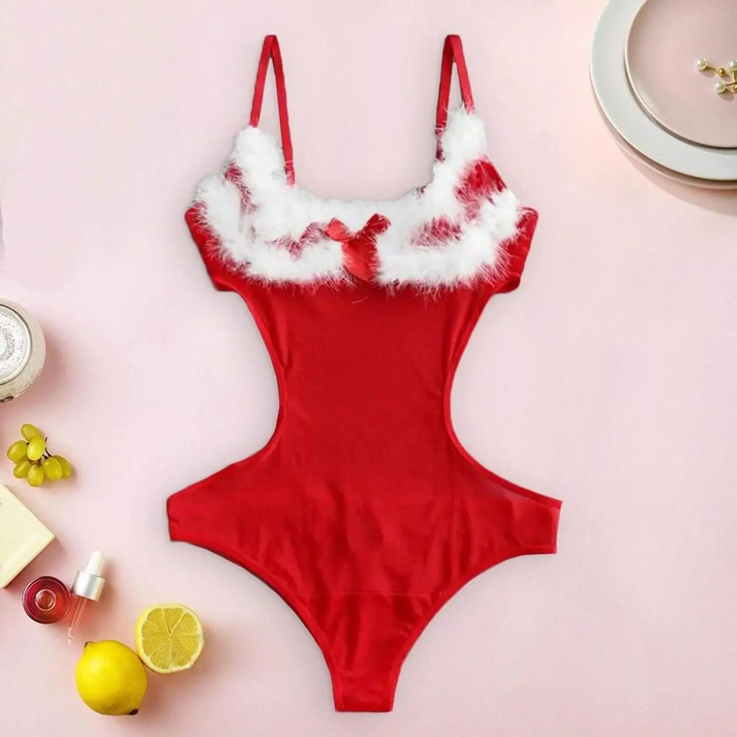 Women's Faux Fur Spaghetti Strap Adjustable Lace Mesh Piece Mrs. Claus Christmas Bodysuit - Santa Lingerie Teddy Nightdress Sleepwear, Satin, Romantic Night, Sexy Nightwear