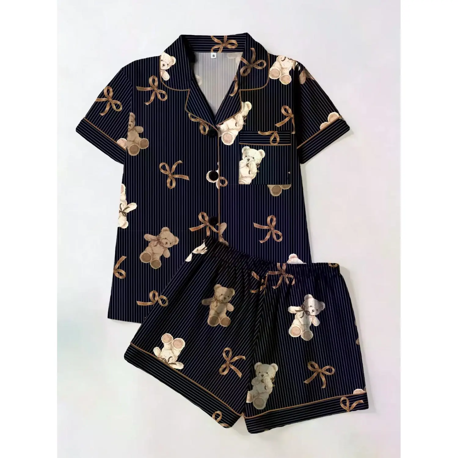 Chic Gold Striped Bear Print Bow Tie Fitted Pajama Set - Short Sleeve & Shorts 2-Piece Loungewear, All-Season Comfort