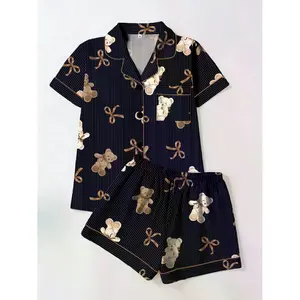 Chic Gold Striped Bear Print Bow Tie Fitted Pajama Set - Short Sleeve & Shorts 2-Piece Loungewear, All-Season Comfort