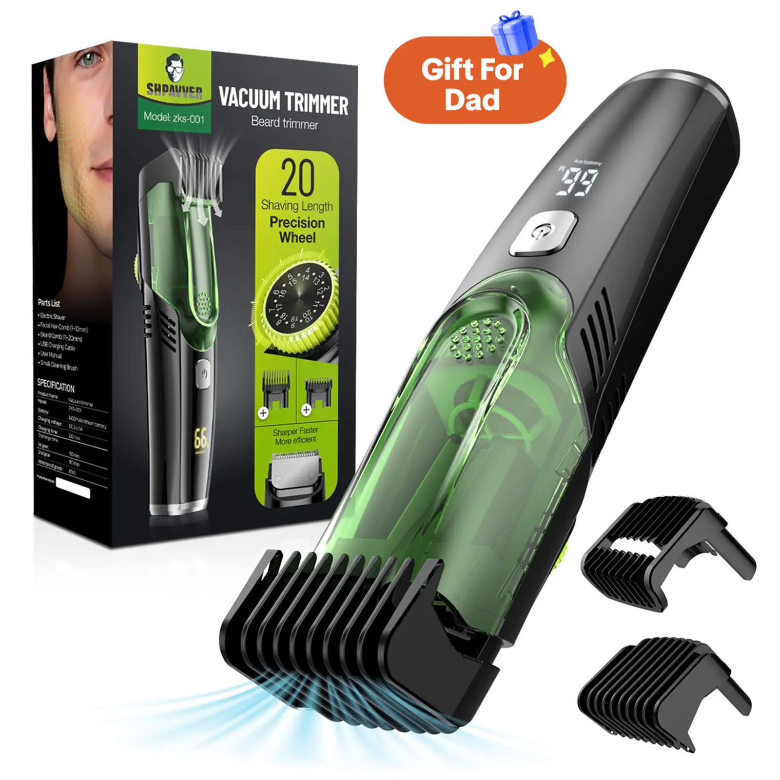 [FathersDayGift]SHPAVVER Vacuum Beard Trimmer Model 26x-001 Cordless Waterproof Shaver with 20 Precision Length Comb for Men FathersDay Gift Self Haircut System Adjustable Clipper