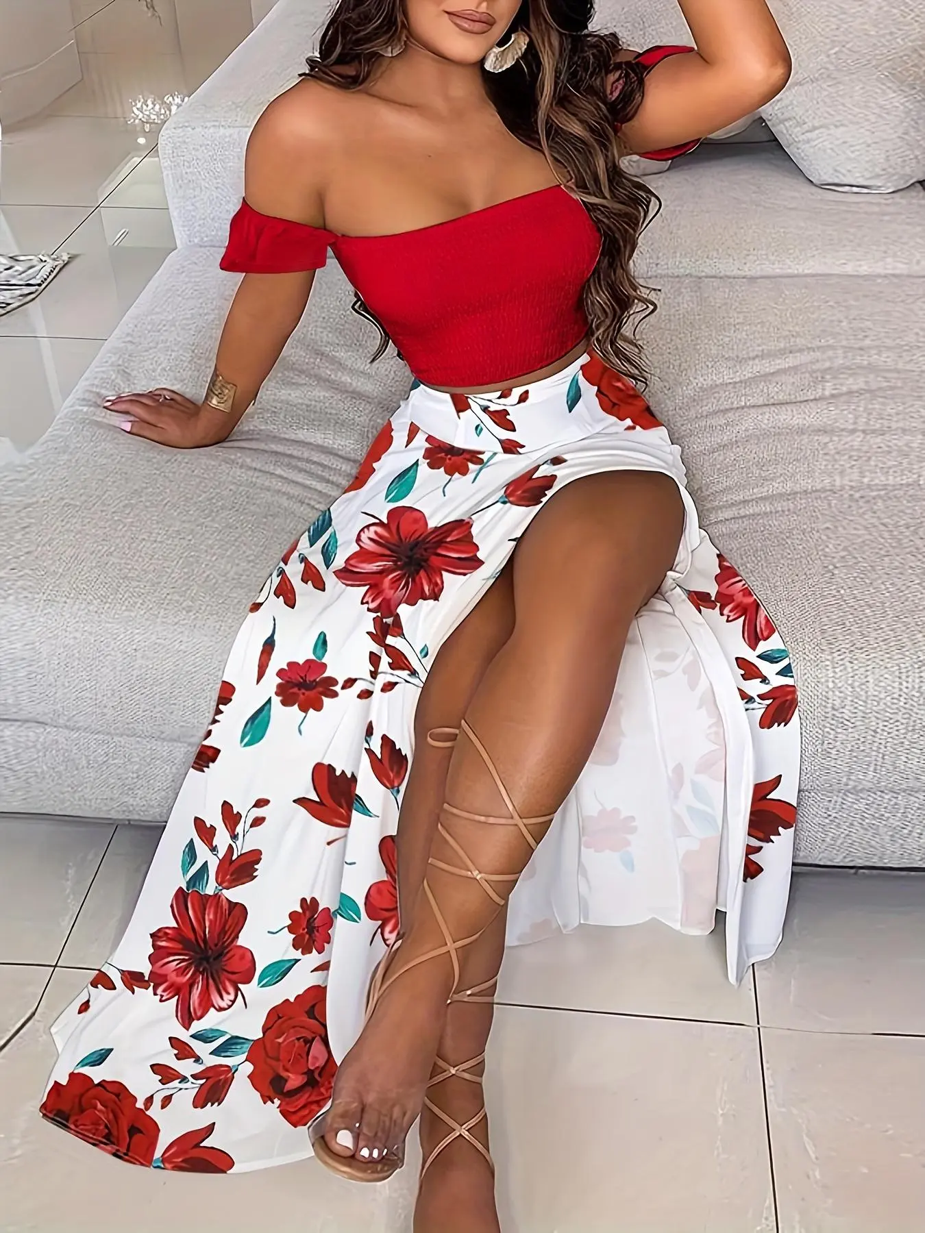 Summer Women's Elegant Feminine Fitted French Vacation Boho Bohemian Floral Print Vintage Halter Crop Top Skirt Set, High Waist Cap Sleeve 2 Piece Womenswear